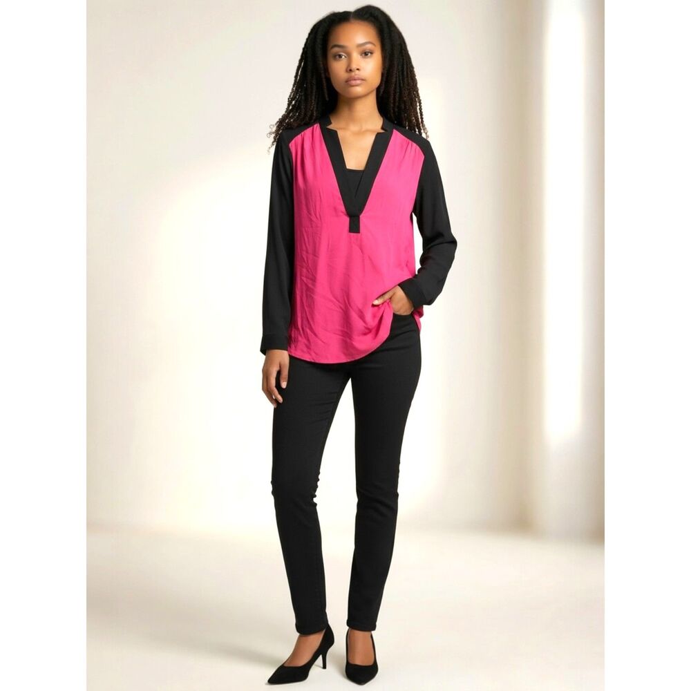 CHELSEA & THEODORE Tunic & Cami Set Long Roll-Tab Sleeve Fuchsia Black Sz L NWT